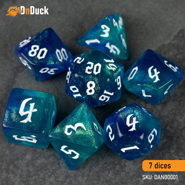 Buy Accessories Dice Set. Blue & Green Glitter Dice Set. DnDuck Miniatures Store. 3D figures of characters, elves, monsters, bestiaries, landscape, dragons figures and accessories for role-playing games