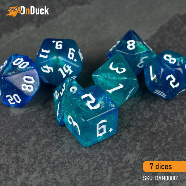 Buy Accessories Dice Set. Blue & Green Glitter Dice Set. DnDuck Miniatures Store. 3D figures of characters, elves, monsters, bestiaries, landscape, dragons figures and accessories for role-playing games