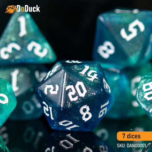 Buy Accessories Dice Set. Blue & Green Glitter Dice Set. DnDuck Miniatures Store. 3D figures of characters, elves, monsters, bestiaries, landscape, dragons figures and accessories for role-playing games