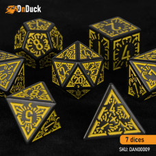 Buy  Temple Ruins Yellow Acrylic Dice Set . DnDuck Miniatures Store. 3D figures of characters, elves, monsters, bestiaries, landscape, dragons figures and accessories for role-playing games