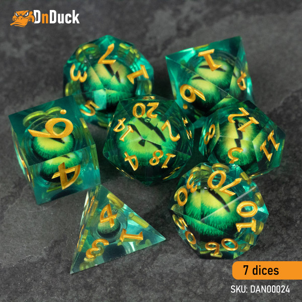Buy Accessories Dice Set. Green Dragon Eyes Dise Set. DnDuck Miniatures Store. 3D figures of characters, elves, monsters, bestiaries, landscape, dragons figures and accessories for role-playing games