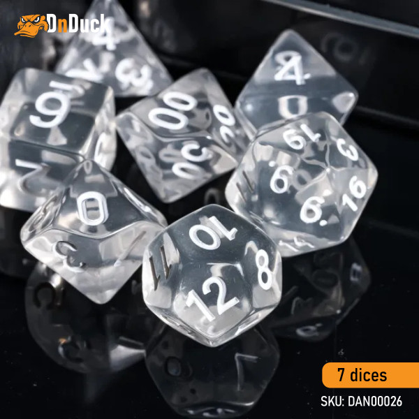 Buy Accessories Dice Set. Transparent Dice Set. DnDuck Miniatures Store. 3D figures of characters, elves, monsters, bestiaries, landscape, dragons figures and accessories for role-playing games