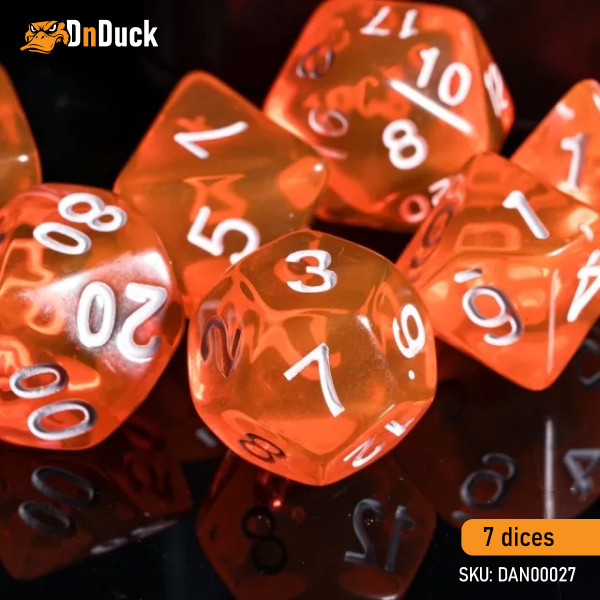 Buy Accessories Dice Set. Transparent Orange Dise Set. DnDuck Miniatures Store. 3D figures of characters, elves, monsters, bestiaries, landscape, dragons figures and accessories for role-playing games