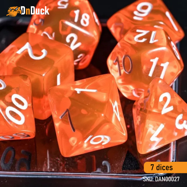 Buy Accessories Dice Set. Transparent Orange Dise Set. DnDuck Miniatures Store. 3D figures of characters, elves, monsters, bestiaries, landscape, dragons figures and accessories for role-playing games