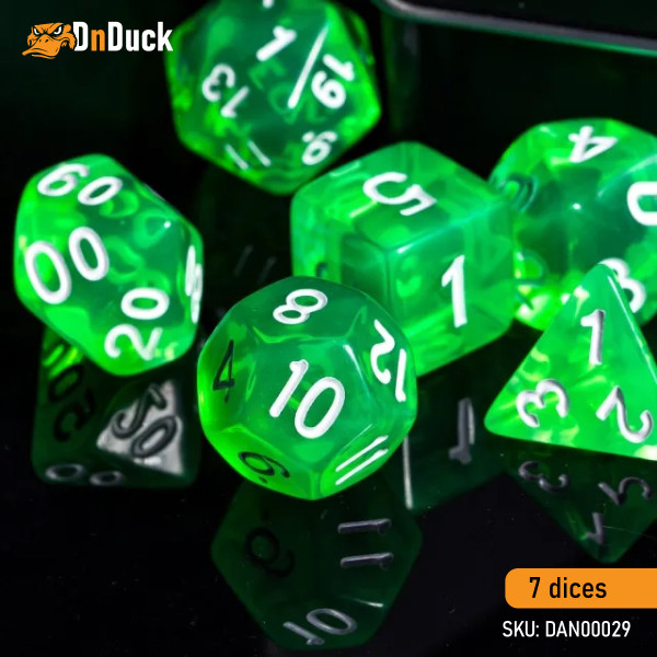 Buy Accessories Dice Set. Transparent Light Green Dise Set. DnDuck Miniatures Store. 3D figures of characters, elves, monsters, bestiaries, landscape, dragons figures and accessories for role-playing games