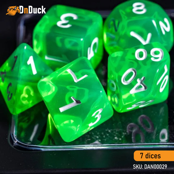 Buy Accessories Dice Set. Transparent Light Green Dise Set. DnDuck Miniatures Store. 3D figures of characters, elves, monsters, bestiaries, landscape, dragons figures and accessories for role-playing games