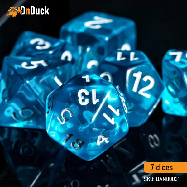 Buy Accessories Dice Set. Transparent Sapphire Dise Set. DnDuck Miniatures Store. 3D figures of characters, elves, monsters, bestiaries, landscape, dragons figures and accessories for role-playing games
