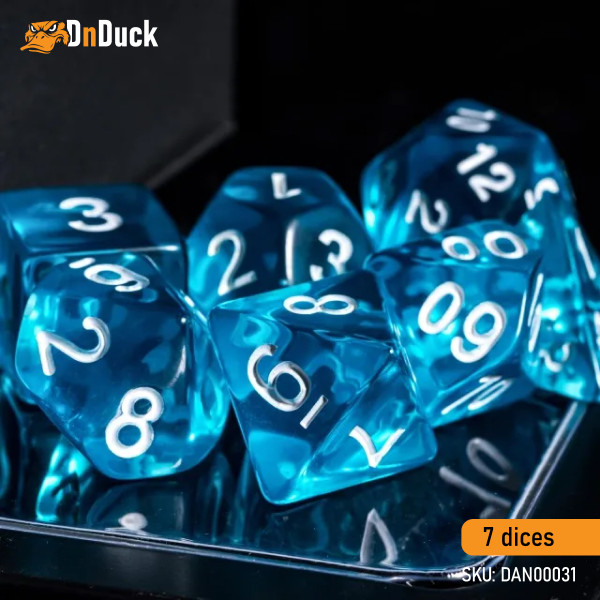 Buy Accessories Dice Set. Transparent Sapphire Dise Set. DnDuck Miniatures Store. 3D figures of characters, elves, monsters, bestiaries, landscape, dragons figures and accessories for role-playing games