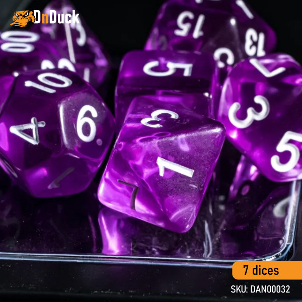 Buy Accessories Dice Set. Transparent Purple Dise Set. DnDuck Miniatures Store. 3D figures of characters, elves, monsters, bestiaries, landscape, dragons figures and accessories for role-playing games