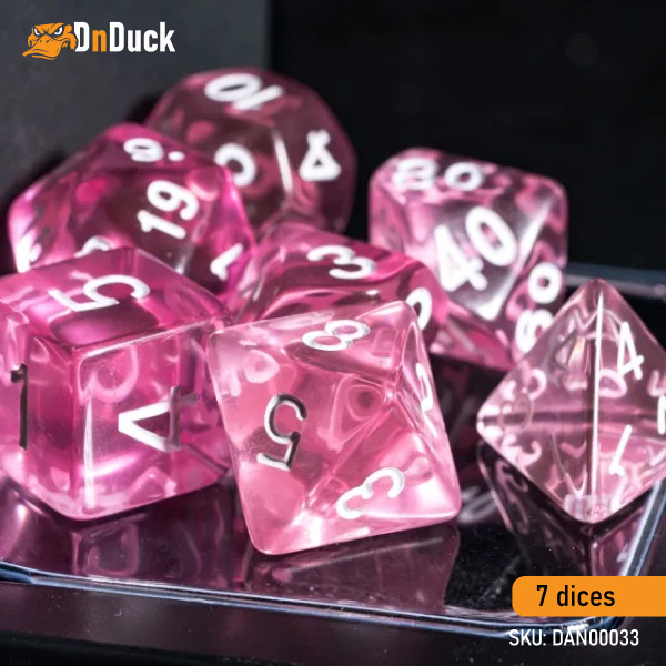 Buy Accessories Dice Set. Transparent Pink Dise Set. DnDuck Miniatures Store. 3D figures of characters, elves, monsters, bestiaries, landscape, dragons figures and accessories for role-playing games