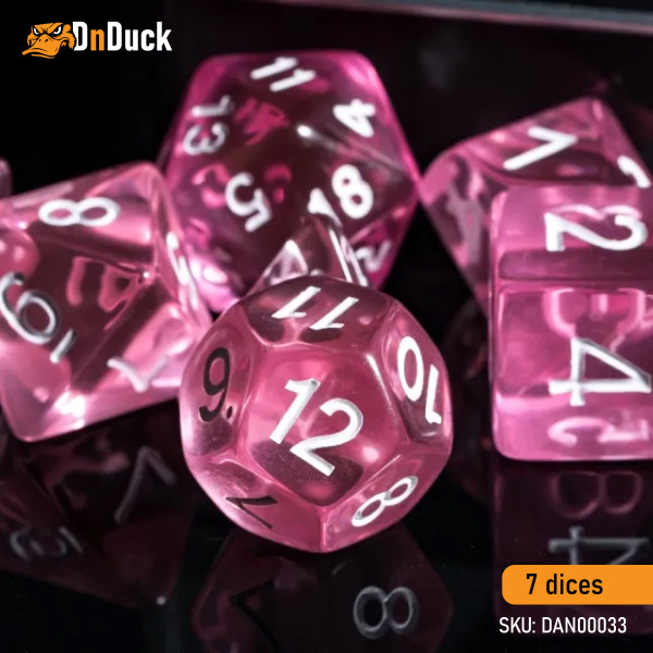Buy Accessories Dice Set. Transparent Pink Dise Set. DnDuck Miniatures Store. 3D figures of characters, elves, monsters, bestiaries, landscape, dragons figures and accessories for role-playing games