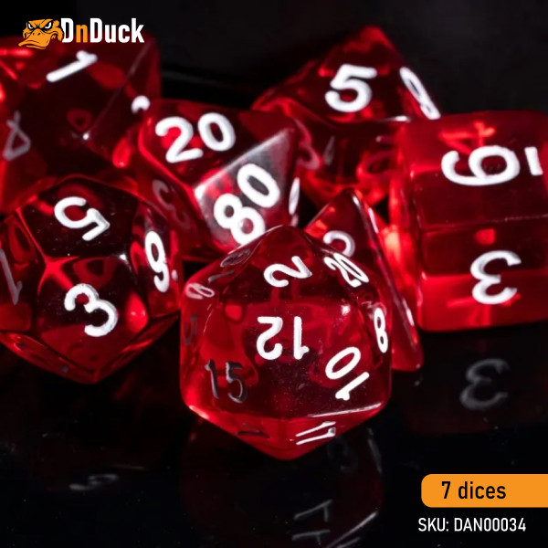 Buy Accessories Dice Set. Transparent Red Dise Set. DnDuck Miniatures Store. 3D figures of characters, elves, monsters, bestiaries, landscape, dragons figures and accessories for role-playing games