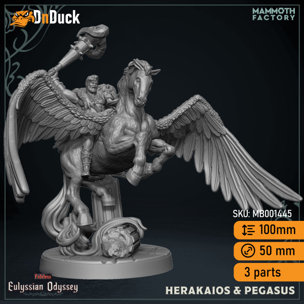 Buy 3d miniature Celestial / Humanoid. Herakaios on Pegasus. DnDuck Miniatures Store. 3D figures of characters, elves, monsters, bestiaries, landscape, dragons figures and accessories for role-playing games