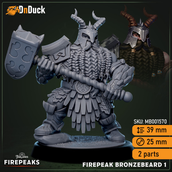 Buy 3d miniature Humanoid. Firepeak Bronzebeard. DnDuck Miniatures Store. 3D figures of characters, elves, monsters, bestiaries, landscape, dragons figures and accessories for role-playing games