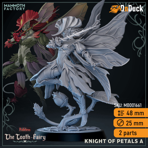 Buy 3d miniature Fairy. Knight of Petals. DnDuck Miniatures Store. 3D figures of characters, elves, monsters, bestiaries, landscape, dragons figures and accessories for role-playing games