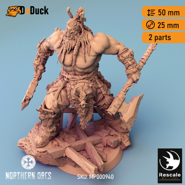Buy 3d miniature Orc. Barbarian / Fighter. Orc King Azhrog Charge 2. DnDuck Miniatures Store. 3D figures of characters, elves, monsters, bestiaries, landscape, dragons figures and accessories for role-playing games
