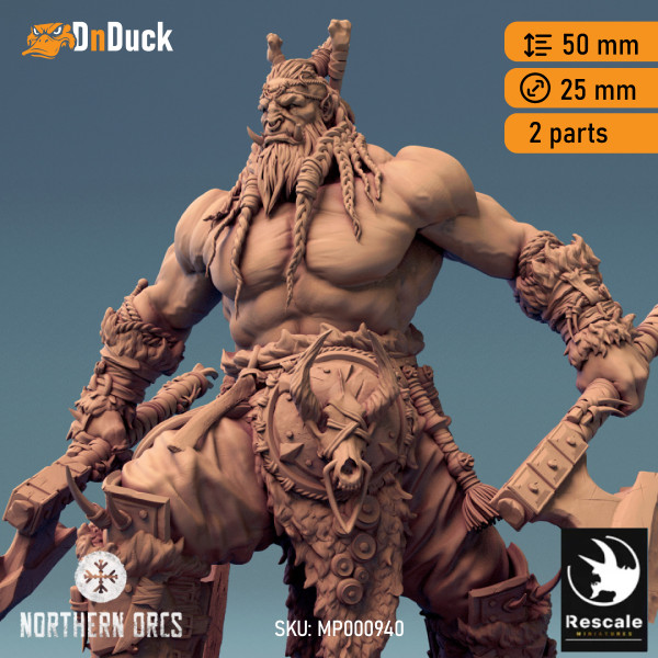 Buy 3d miniature Orc. Barbarian / Fighter. Orc King Azhrog Charge 2. DnDuck Miniatures Store. 3D figures of characters, elves, monsters, bestiaries, landscape, dragons figures and accessories for role-playing games