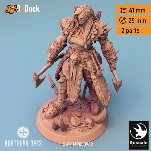 Buy 3d miniature Orc. Barbarian / Fighter. Orc Queen Drakka. DnDuck Miniatures Store. 3D figures of characters, elves, monsters, bestiaries, landscape, dragons figures and accessories for role-playing games