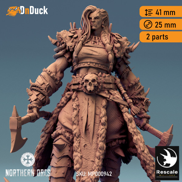 Buy 3d miniature Orc. Barbarian / Fighter. Orc Queen Drakka. DnDuck Miniatures Store. 3D figures of characters, elves, monsters, bestiaries, landscape, dragons figures and accessories for role-playing games