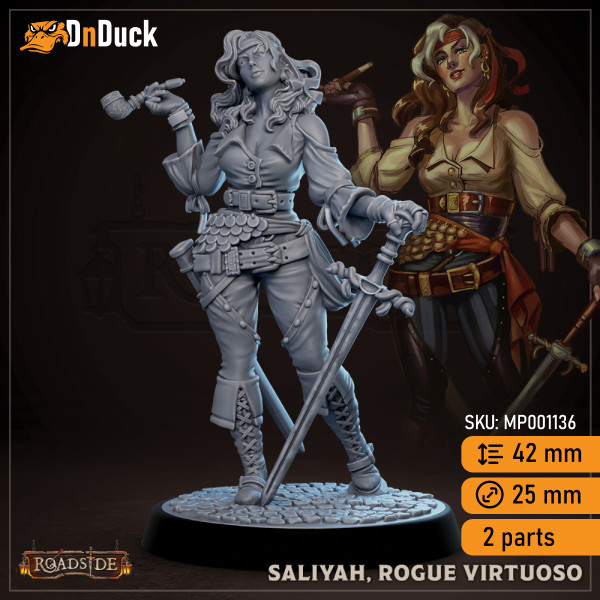 Buy 3d miniature Human Rogue. Saliyah Rogue Virtuoso. DnDuck Miniatures Store. 3D figures of characters, elves, monsters, bestiaries, landscape, dragons figures and accessories for role-playing games