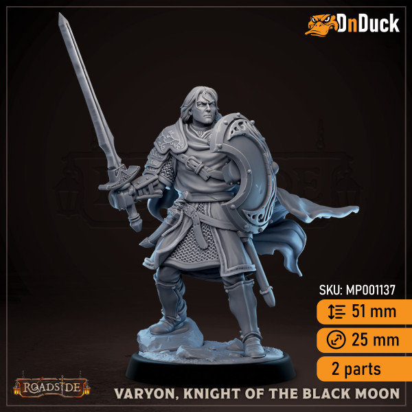 Buy 3d miniature Human Fighter / Paladin. Varyon, Knight of the Black Moon. DnDuck Miniatures Store. 3D figures of characters, elves, monsters, bestiaries, landscape, dragons figures and accessories for role-playing games