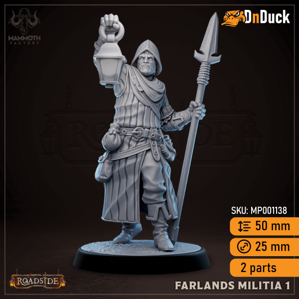 Buy 3d miniature Human NPC. Farlands Militia. DnDuck Miniatures Store. 3D figures of characters, elves, monsters, bestiaries, landscape, dragons figures and accessories for role-playing games