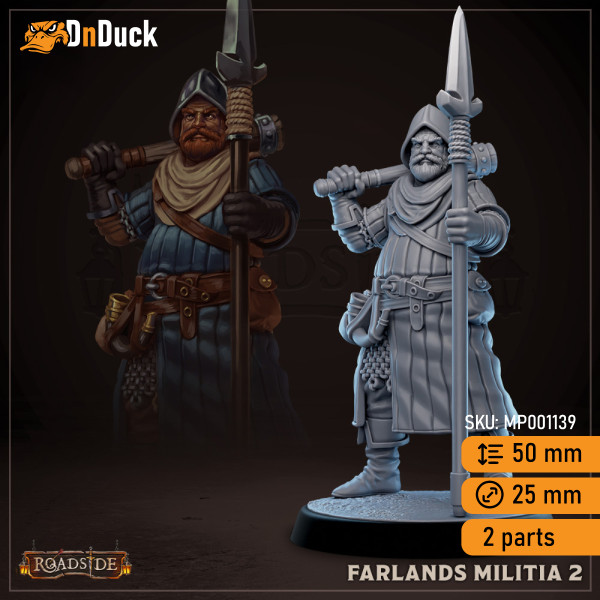 Buy 3d miniature Human NPC. Farlands Militia. DnDuck Miniatures Store. 3D figures of characters, elves, monsters, bestiaries, landscape, dragons figures and accessories for role-playing games