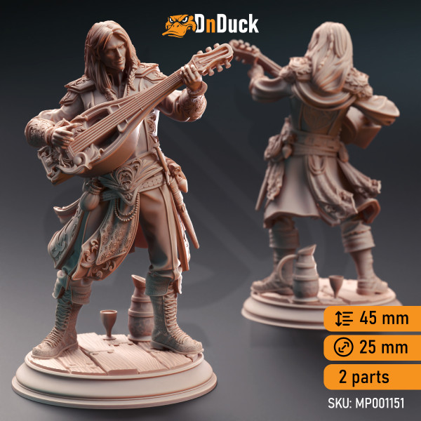 Buy 3d miniature Elf Bard. Elven Fortune Bard - Ereviel Eight Toes. DnDuck Miniatures Store. 3D figures of characters, elves, monsters, bestiaries, landscape, dragons figures and accessories for role-playing games