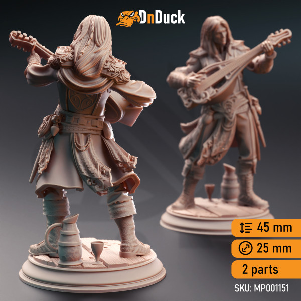 Buy 3d miniature Elf Bard. Elven Fortune Bard - Ereviel Eight Toes. DnDuck Miniatures Store. 3D figures of characters, elves, monsters, bestiaries, landscape, dragons figures and accessories for role-playing games