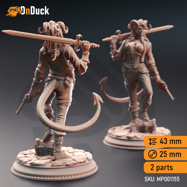 Buy 3d miniature Tiefling Fighter / Rogue. Tiefling Rogue Scoundrel - Syntheia the Daring. DnDuck Miniatures Store. 3D figures of characters, elves, monsters, bestiaries, landscape, dragons figures and accessories for role-playing games