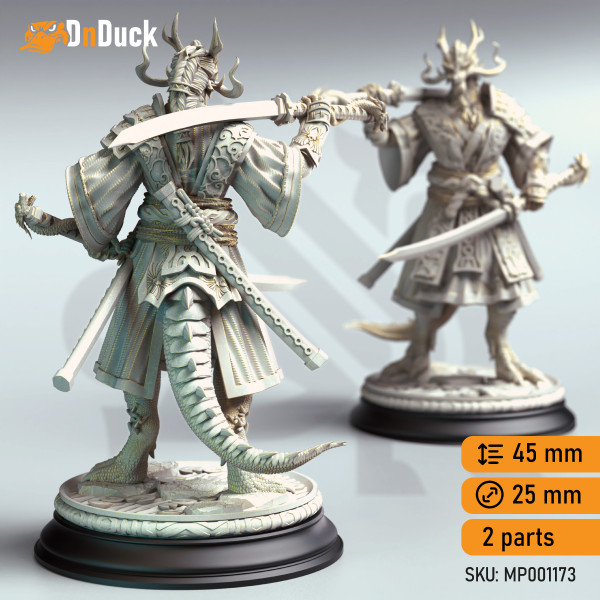 Buy 3d miniature Dragonborn Fighter. Dragonborn Samurai - Ryuma. DnDuck Miniatures Store. 3D figures of characters, elves, monsters, bestiaries, landscape, dragons figures and accessories for role-playing games