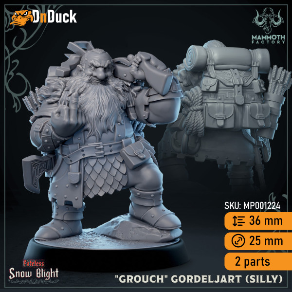Buy 3d miniature Dwarf Fighter / Ranger. «Grouch» Gordeljart, Stoutmaster. DnDuck Miniatures Store. 3D figures of characters, elves, monsters, bestiaries, landscape, dragons figures and accessories for role-playing games