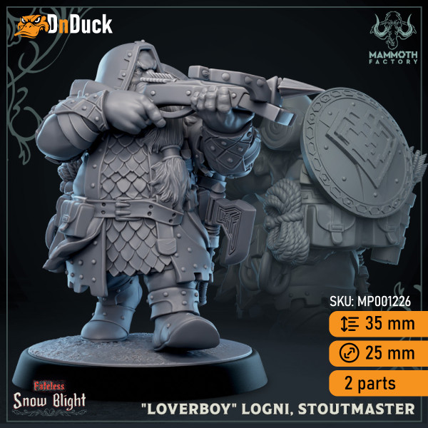 Buy 3d miniature Dwarf Fighter / Ranger. «Loverboy» Logni, Stoutmaster. DnDuck Miniatures Store. 3D figures of characters, elves, monsters, bestiaries, landscape, dragons figures and accessories for role-playing games