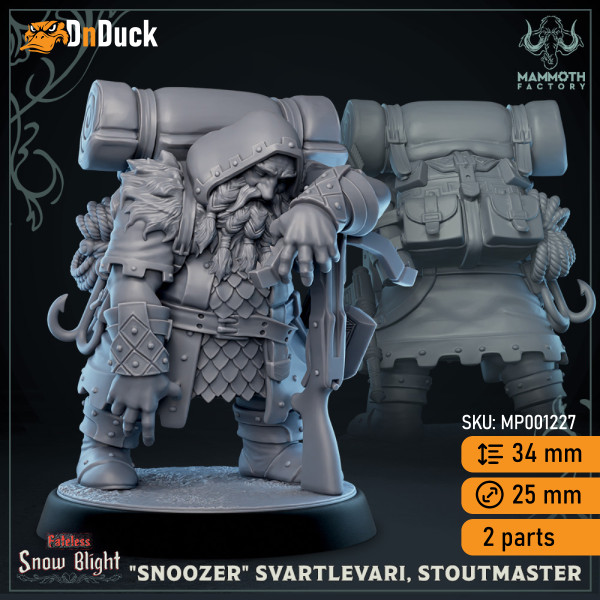 Buy 3d miniature Dwarf Fighter / Ranger. «Snoozer» Svartlevari, Stoutmaster. DnDuck Miniatures Store. 3D figures of characters, elves, monsters, bestiaries, landscape, dragons figures and accessories for role-playing games