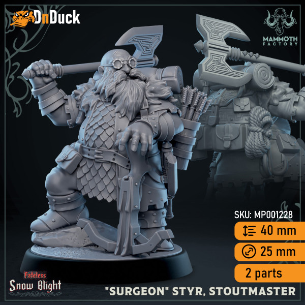 Buy 3d miniature Dwarf Fighter / Ranger. «Surgeon» Styr, Stoutmaster. DnDuck Miniatures Store. 3D figures of characters, elves, monsters, bestiaries, landscape, dragons figures and accessories for role-playing games