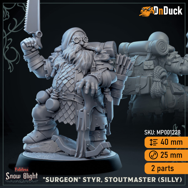 Buy 3d miniature Dwarf Fighter / Ranger. «Surgeon» Styr, Stoutmaster. DnDuck Miniatures Store. 3D figures of characters, elves, monsters, bestiaries, landscape, dragons figures and accessories for role-playing games