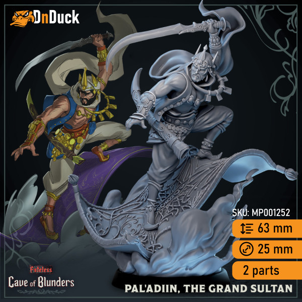 Buy 3d miniature Human Paladin / Fighter. Pal'Adiin The Grand Sultan. DnDuck Miniatures Store. 3D figures of characters, elves, monsters, bestiaries, landscape, dragons figures and accessories for role-playing games