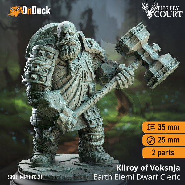 Buy 3d miniature Dwarf Cleric / Paladin. Kilroy of Voksnja – Earth Elemi Dwarf Cleric. DnDuck Miniatures Store. 3D figures of characters, elves, monsters, bestiaries, landscape, dragons figures and accessories for role-playing games