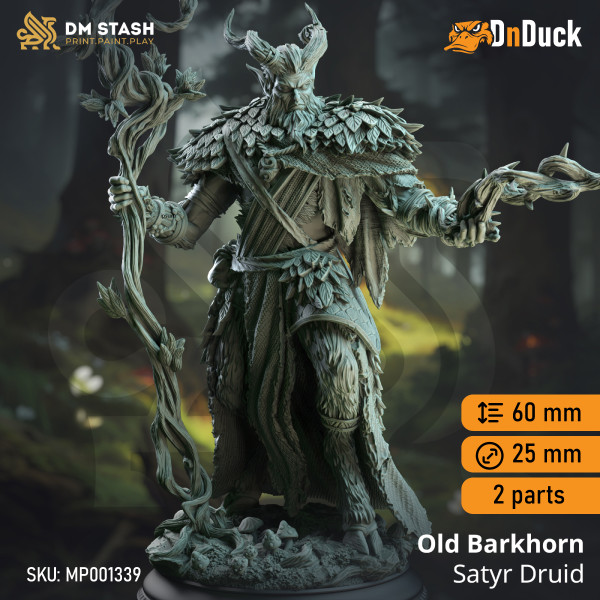 Buy 3d miniature Satyr Druid. Old Barkhorn – Satyr Druid. DnDuck Miniatures Store. 3D figures of characters, elves, monsters, bestiaries, landscape, dragons figures and accessories for role-playing games
