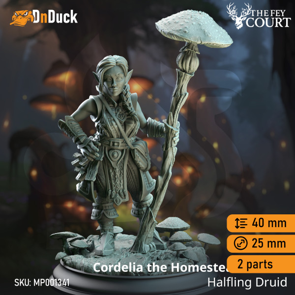 Buy 3d miniature Halfling / Gnome. Druid / Sorcerer. Cordelia the Homestead Hermit – Halfling Druid. DnDuck Miniatures Store. 3D figures of characters, elves, monsters, bestiaries, landscape, dragons figures and accessories for role-playing games