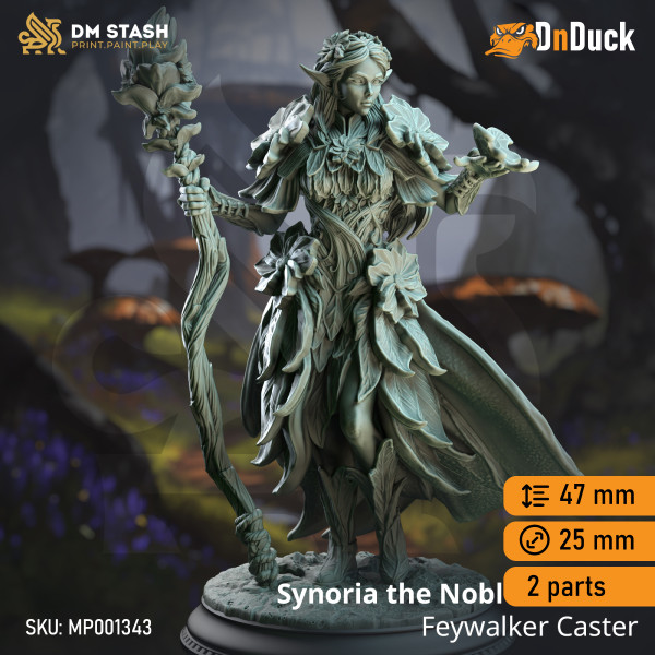 Buy 3d miniature Elf Druid / Wizard / Sorcerer. Synoria the Noble Hearted – Feywalker Caster. DnDuck Miniatures Store. 3D figures of characters, elves, monsters, bestiaries, landscape, dragons figures and accessories for role-playing games