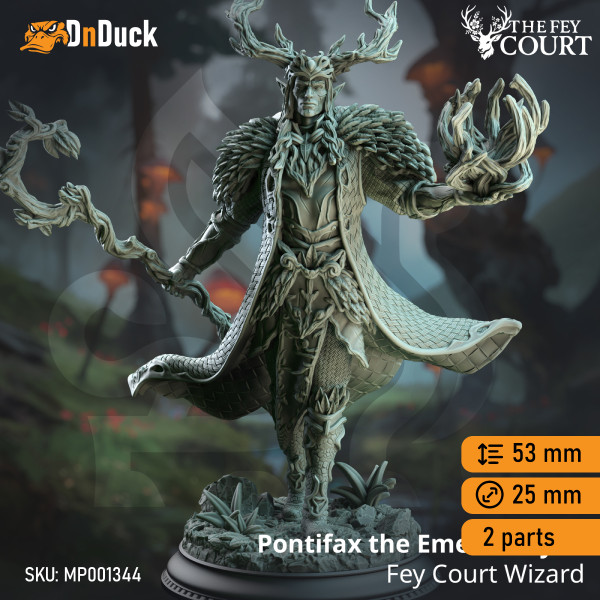 Buy 3d miniature Elf Druid / Wizard / Sorcerer. Pontifax the Emerald Eyed – Fey Court Wizard. DnDuck Miniatures Store. 3D figures of characters, elves, monsters, bestiaries, landscape, dragons figures and accessories for role-playing games