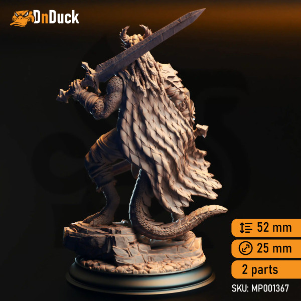 Buy 3d miniature Dragonborn Barbarian / Fighter. Skraa Dark-Eye – Black Dragonkin Barbarian. DnDuck Miniatures Store. 3D figures of characters, elves, monsters, bestiaries, landscape, dragons figures and accessories for role-playing games