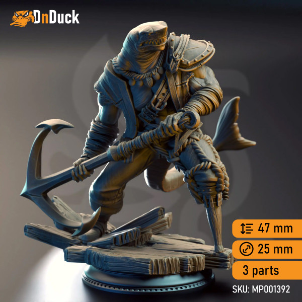 Buy 3d miniature Beastfolk Barbarian / Fighter. Baz “Smiley” Armstrong – Sharkman Enforcer. DnDuck Miniatures Store. 3D figures of characters, elves, monsters, bestiaries, landscape, dragons figures and accessories for role-playing games