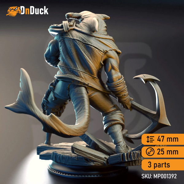 Buy 3d miniature Beastfolk Barbarian / Fighter. Baz “Smiley” Armstrong – Sharkman Enforcer. DnDuck Miniatures Store. 3D figures of characters, elves, monsters, bestiaries, landscape, dragons figures and accessories for role-playing games