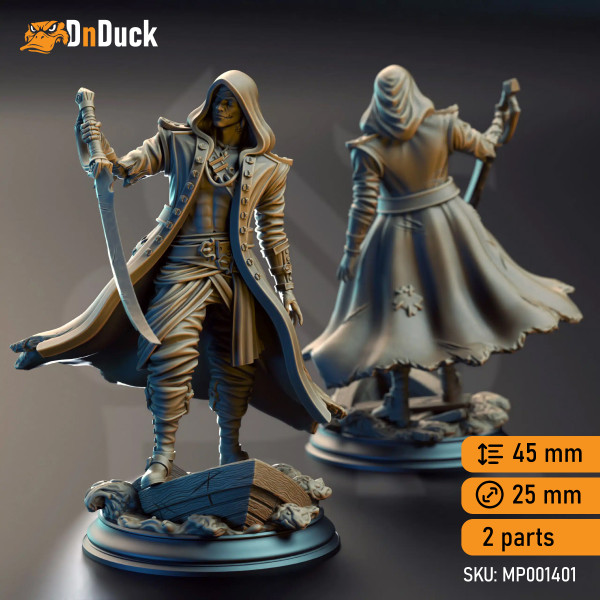 Buy 3d miniature Human Fighter / Rogue / Warlock. William Jones – Revenant of the Damned Galleon. DnDuck Miniatures Store. 3D figures of characters, elves, monsters, bestiaries, landscape, dragons figures and accessories for role-playing games