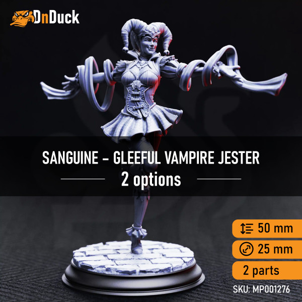 Buy 3d miniature Human / Dhampir. Bard. Sanguine – Gleeful Vampire Jester. DnDuck Miniatures Store. 3D figures of characters, elves, monsters, bestiaries, landscape, dragons figures and accessories for role-playing games