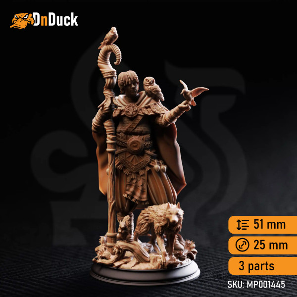Buy 3d miniature Human Druid. Gwambari – Animal Friend Shaman. DnDuck Miniatures Store. 3D figures of characters, elves, monsters, bestiaries, landscape, dragons figures and accessories for role-playing games