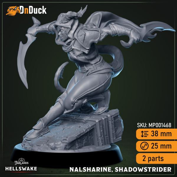 Buy 3d miniature Tiefling Rogue. Nalsharine Shadowstrider. DnDuck Miniatures Store. 3D figures of characters, elves, monsters, bestiaries, landscape, dragons figures and accessories for role-playing games
