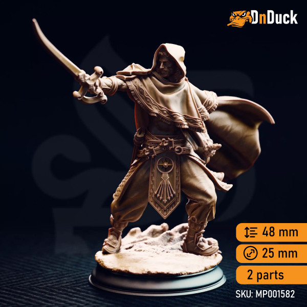 Buy 3d miniature Human Fighter / Ranger Elwahid – Sword of the Sands. DnDuck Miniatures Store. 3D figures of characters, elves, monsters, bestiaries, landscape, dragons figures and accessories for role-playing games